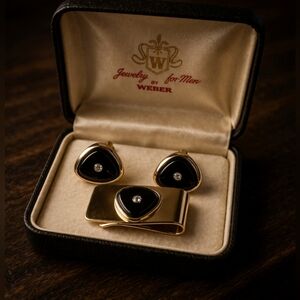 Vintage Weber Gold Tone Cufflinks & Tie Clip Set Black Stone Original Box Men’s